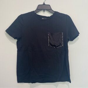 Zara Black Studded Satin Pocket T-Shirt Small